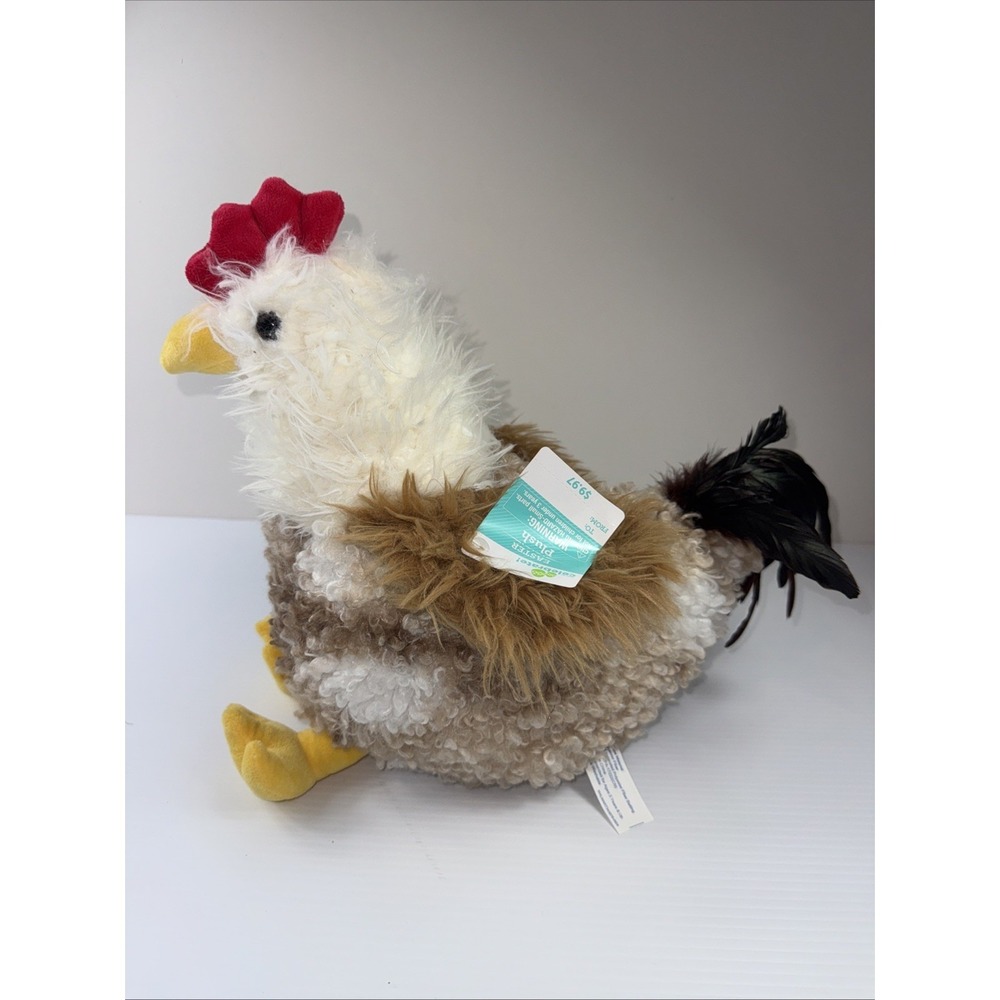 Celebrate Brownβ White Rooster Chicken 14" Plush Sitting Fluffy Barnyard NWT